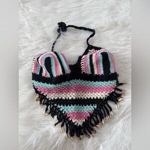 Island Planet size SMALL crochet crop top (Miami Beach) with. Fringe and shells